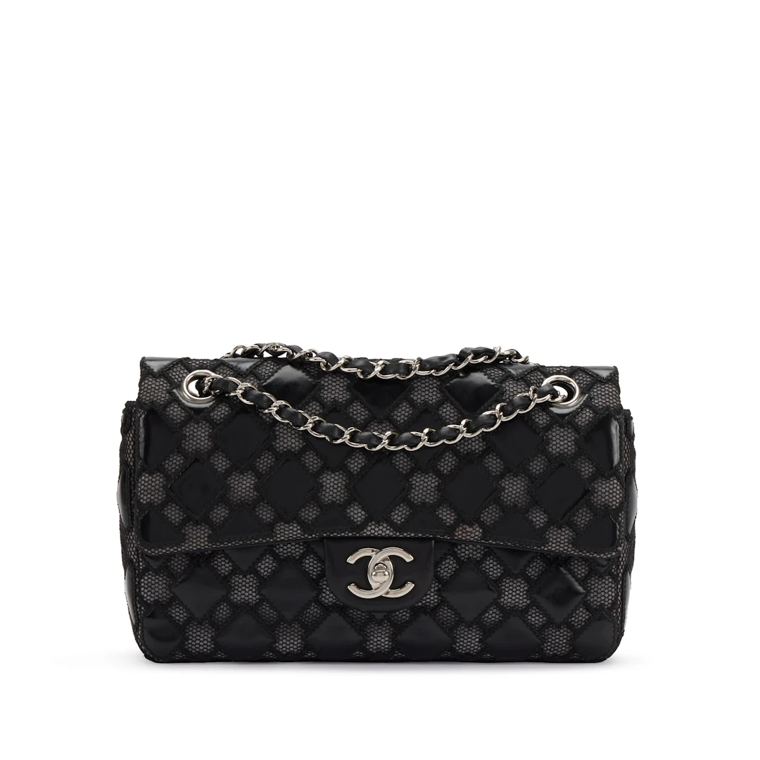 Black Quilted Vinyl and Mesh Medium Classic Single Flap Bag Silver