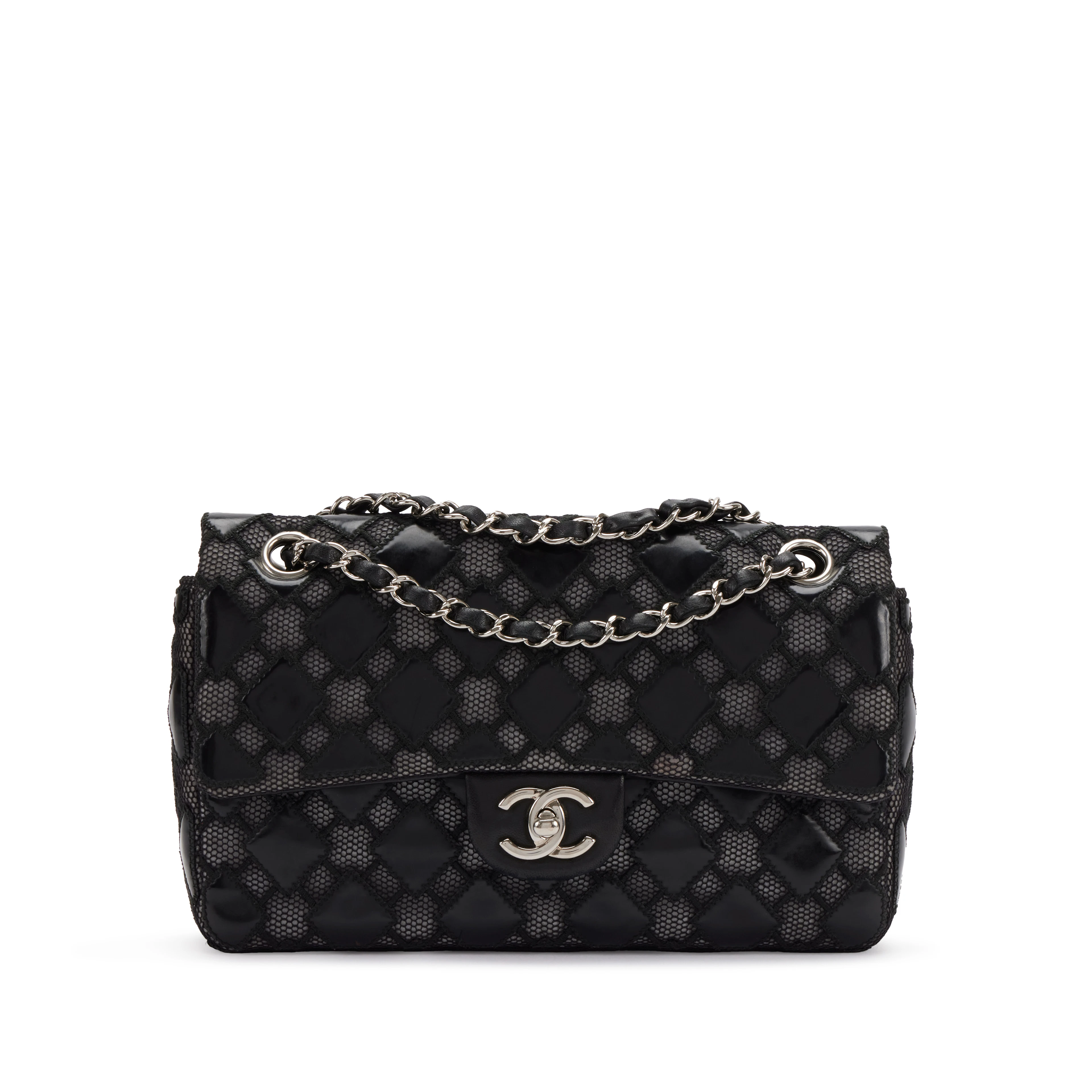 Black Quilted Vinyl and Mesh Medium Classic Single Flap Bag Silver