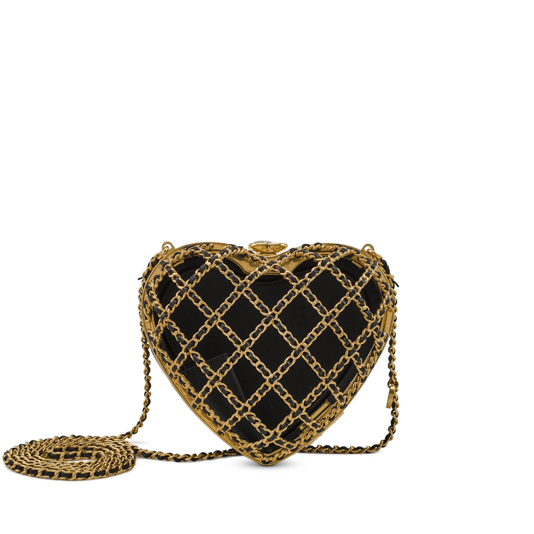 Black Leather Caged Heart Small Minaudière Clutch Bag Gold Hardware, 2023