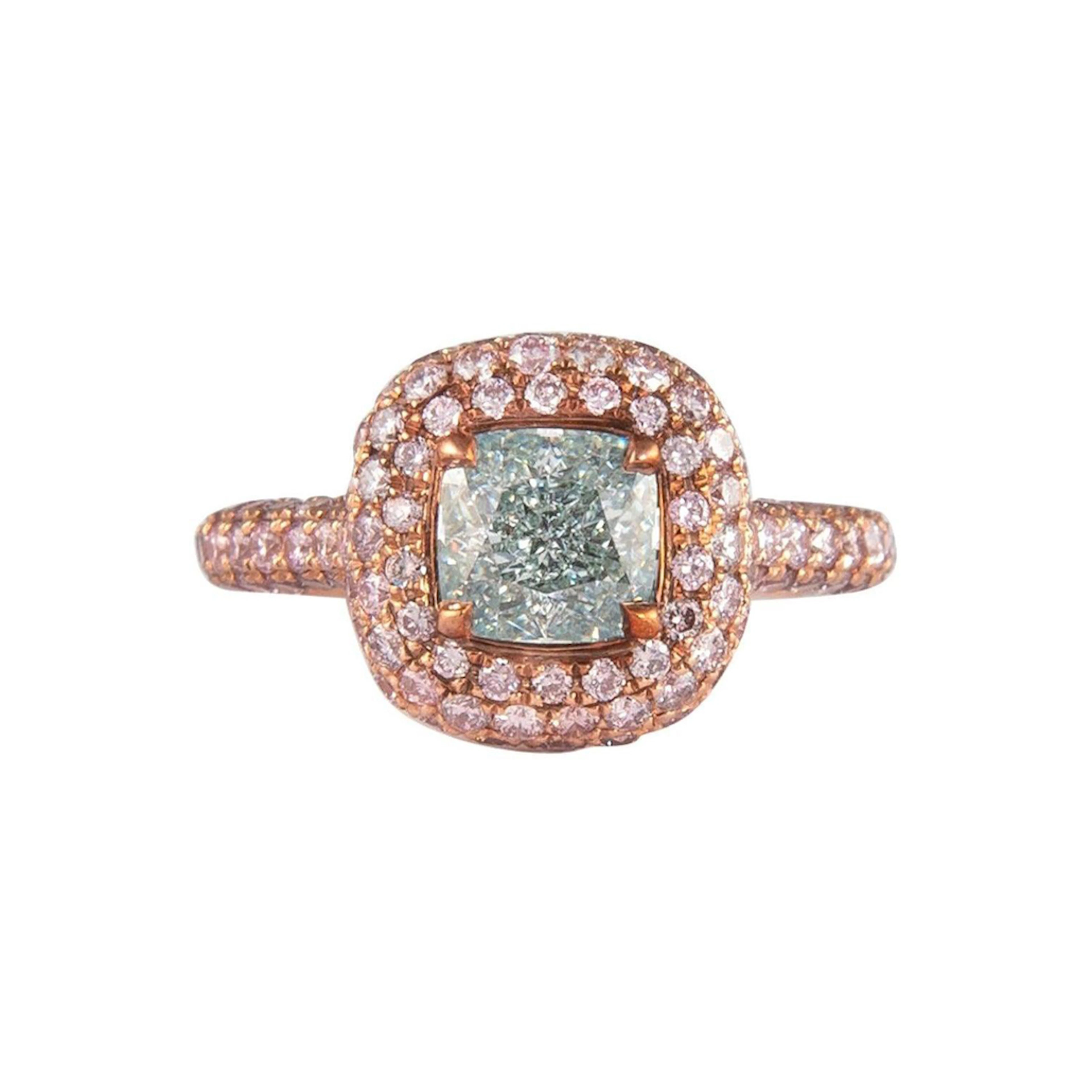 Rose Gold, 1.38ct Cushion Cut Fancy Light Bluish Green Diamond and