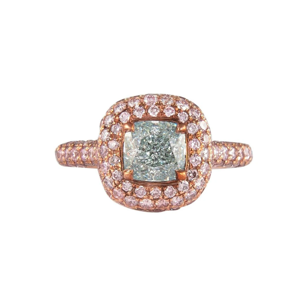 Rose Gold, 1.38ct Cushion Cut Fancy Light Bluish Green Diamond and