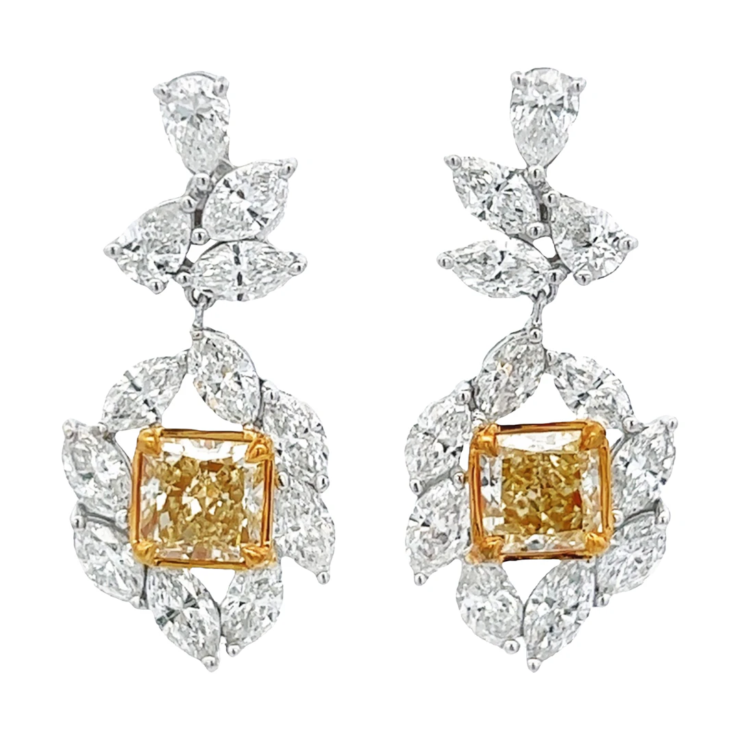 White Gold and 2.70ctw Fancy Yellow Diamond and Diamond Cluster Drop Earrings
