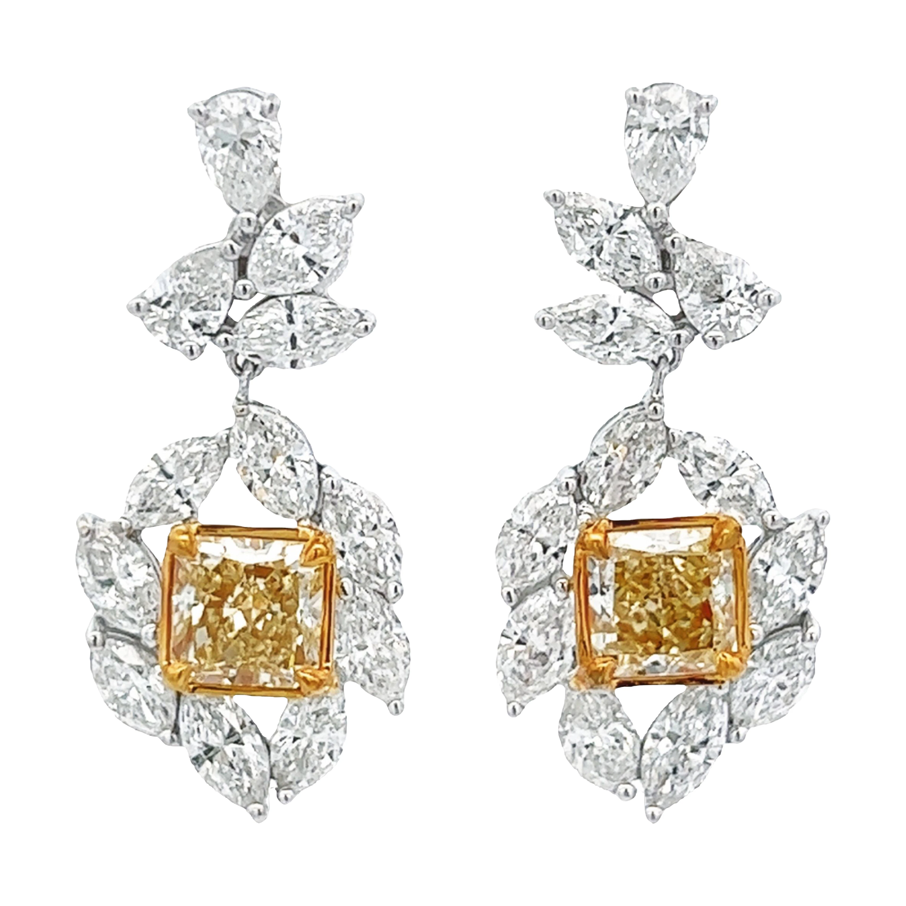 White Gold and 2.70ctw Fancy Yellow Diamond and Diamond Cluster Drop Earrings