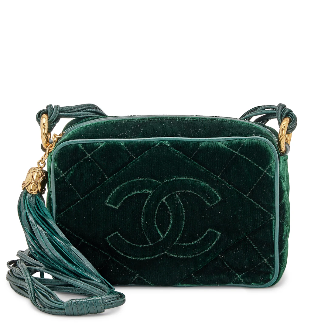 Green Quilted Velvet CC Camera Tassel Bag Gold Hardware, 1991