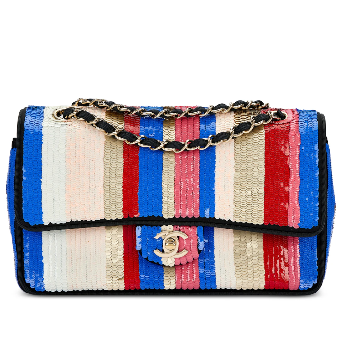 Blue, White, Red, Gold and Pink Sequin and Black Fabric Double Flap