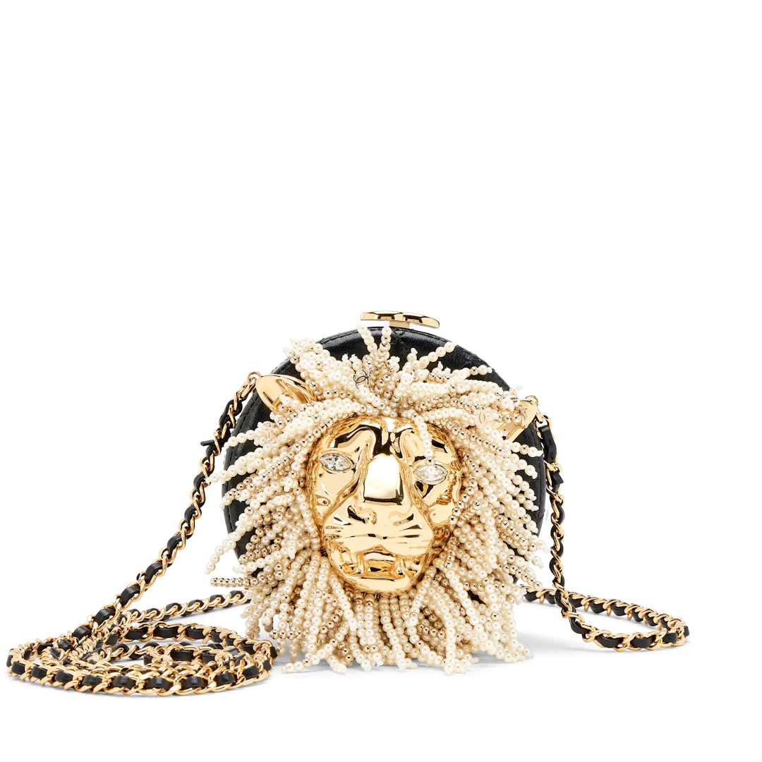 Black Quilted Lambskin Imitation Pearl Crystal Lion Round Minaudière