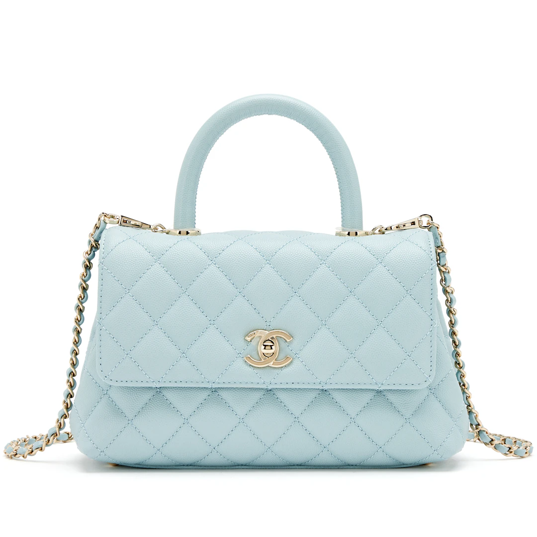 Light Blue Quilted Caviar Mini Coco Top Handle Flap Bag Light Gold