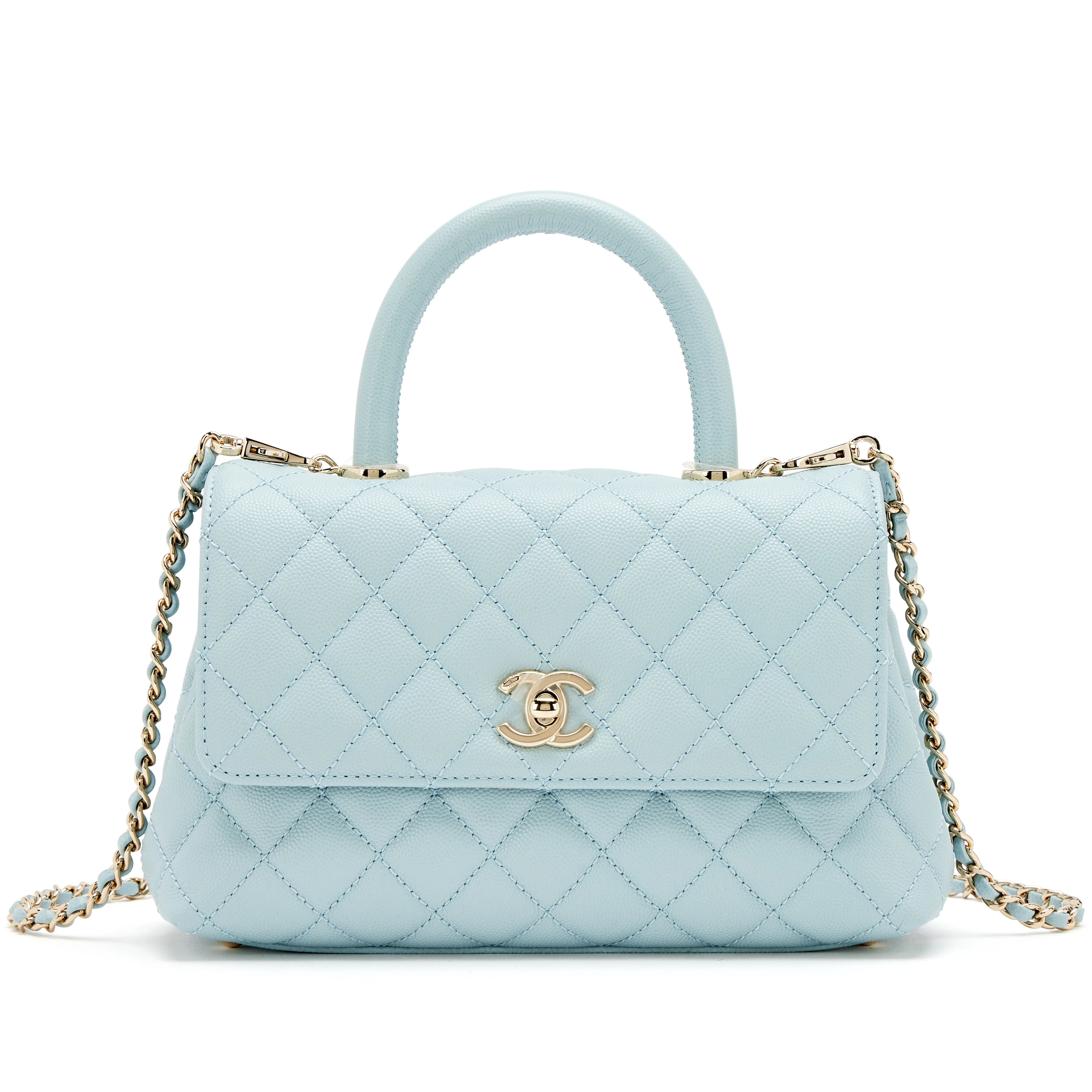 Light Blue Quilted Caviar Mini Coco Top Handle Flap Bag Light Gold