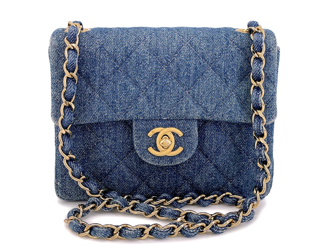 Vintage Blue Quilted Denim Square Mini Flap Bag Gold Hardware, 1998