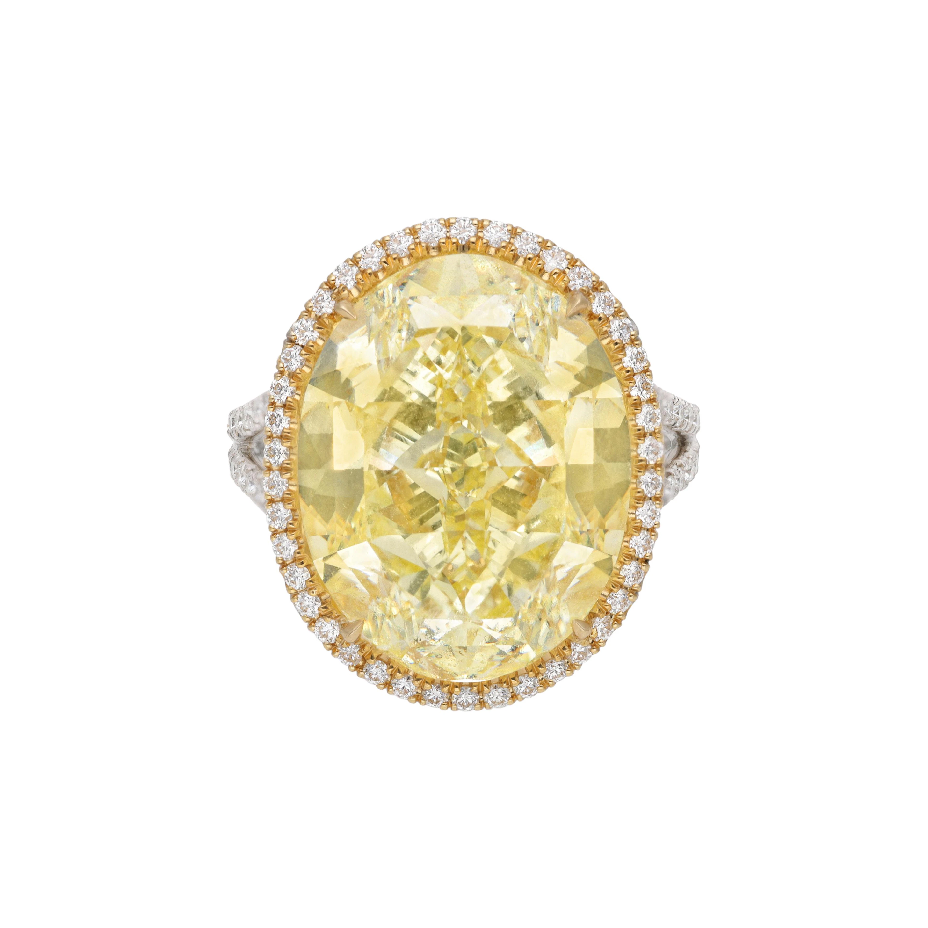 Platinum, Gold, 15.29ct Oval Fancy Yellow Diamond and Diamond Ring