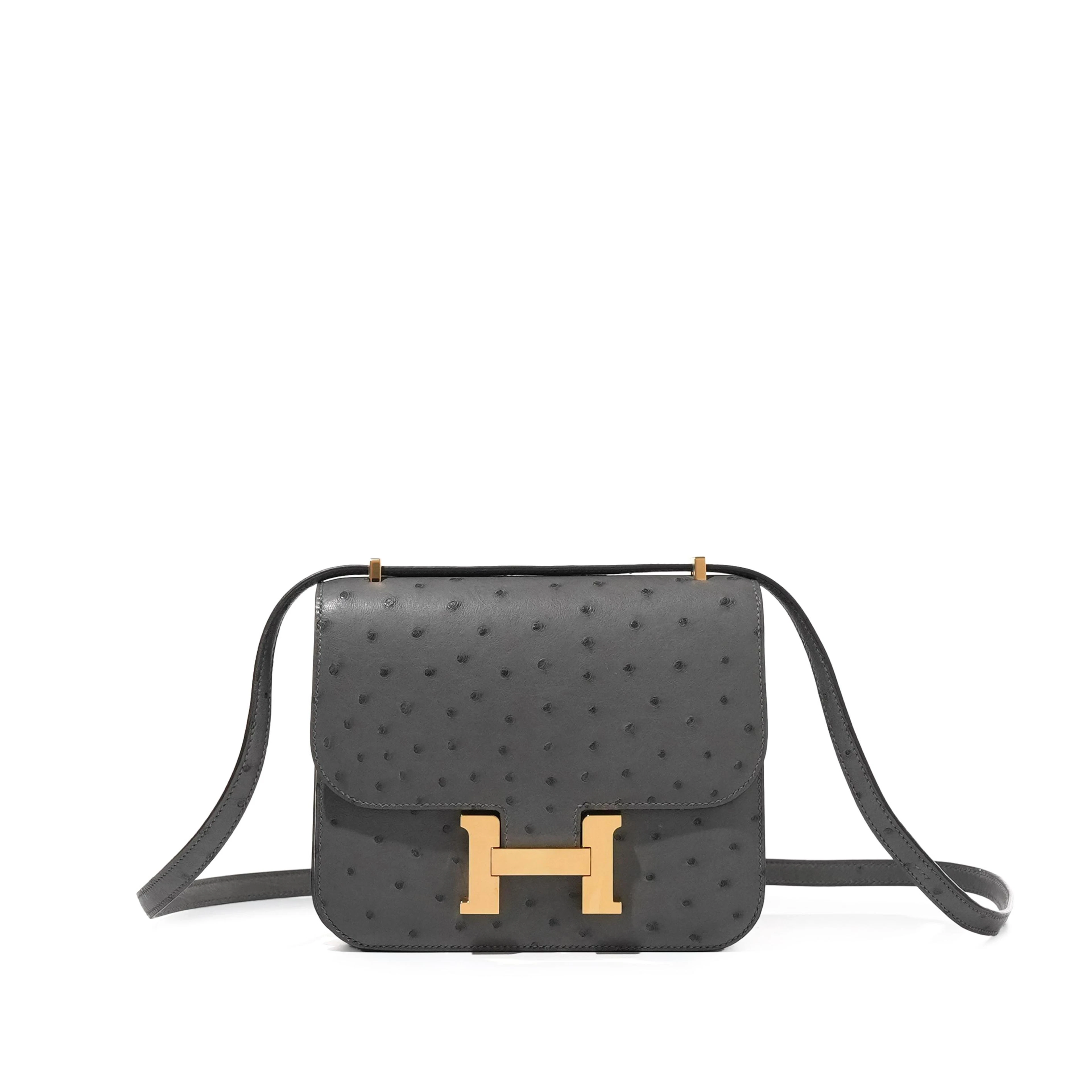 Graphite Ostrich Mini Constance 18 Gold Hardware, 2022