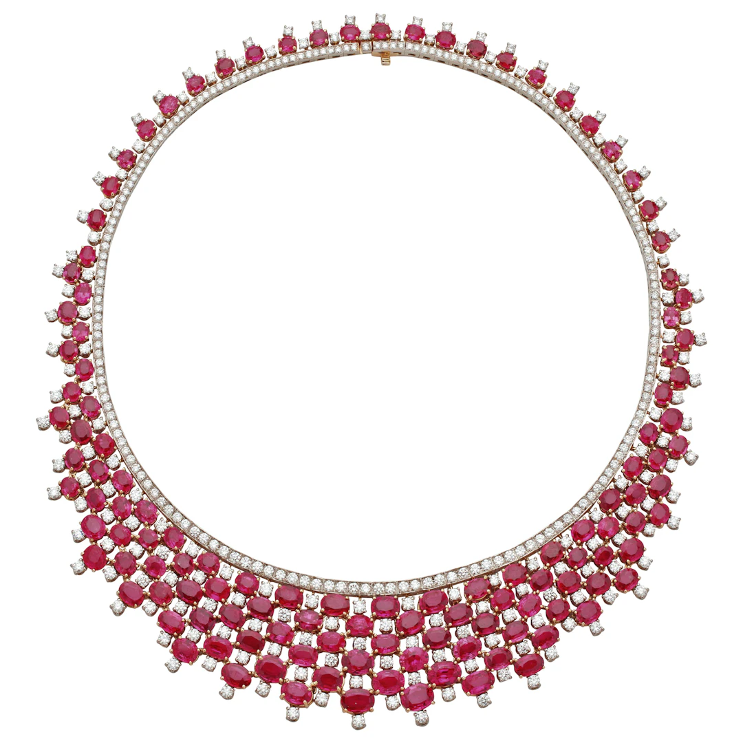 White Gold, Gold 84.62ctw Mozambique Ruby and Diamond Necklace