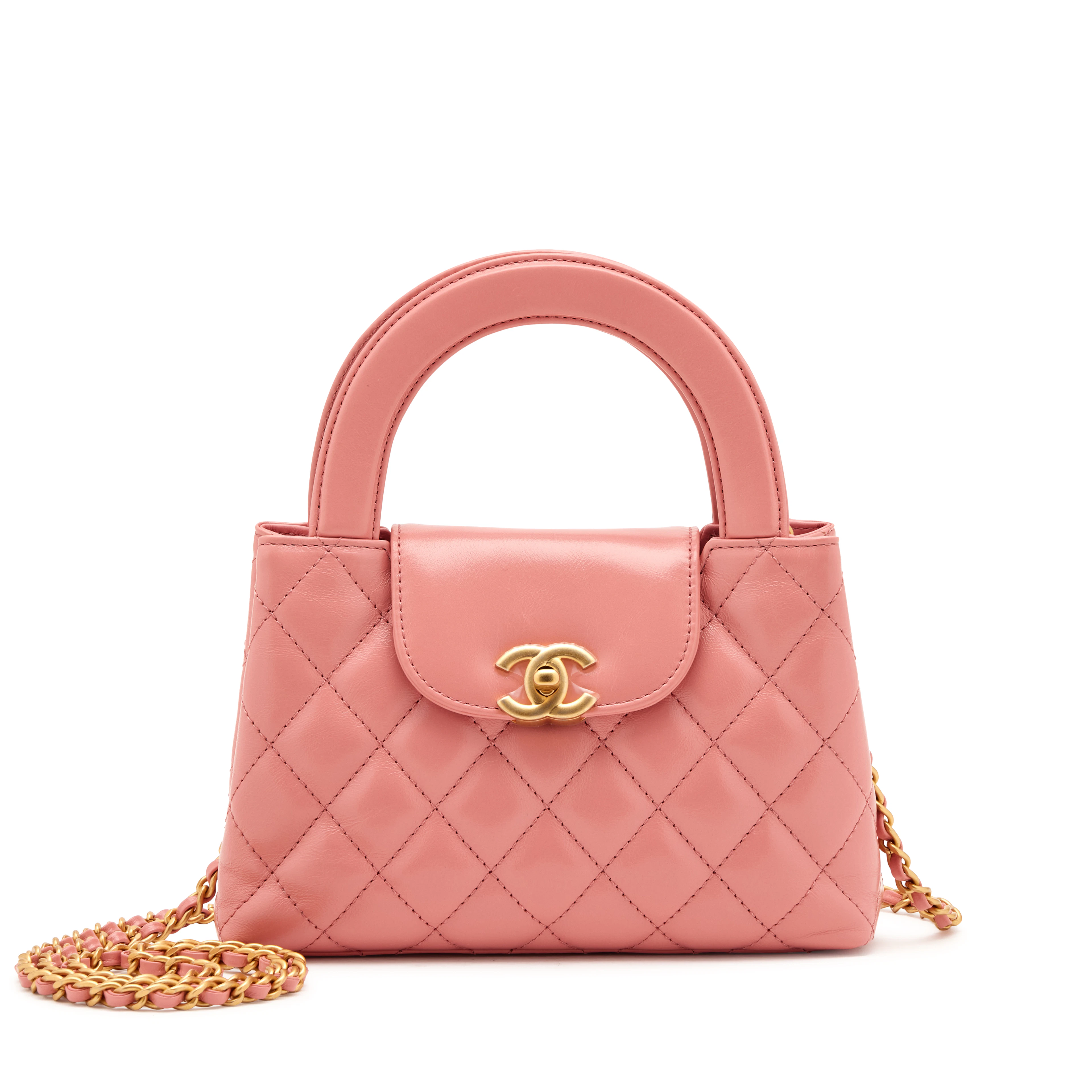 Pink Aged Quilted Calfskin Mini Kelly Shopper Brushed Gold Hardware, 2023