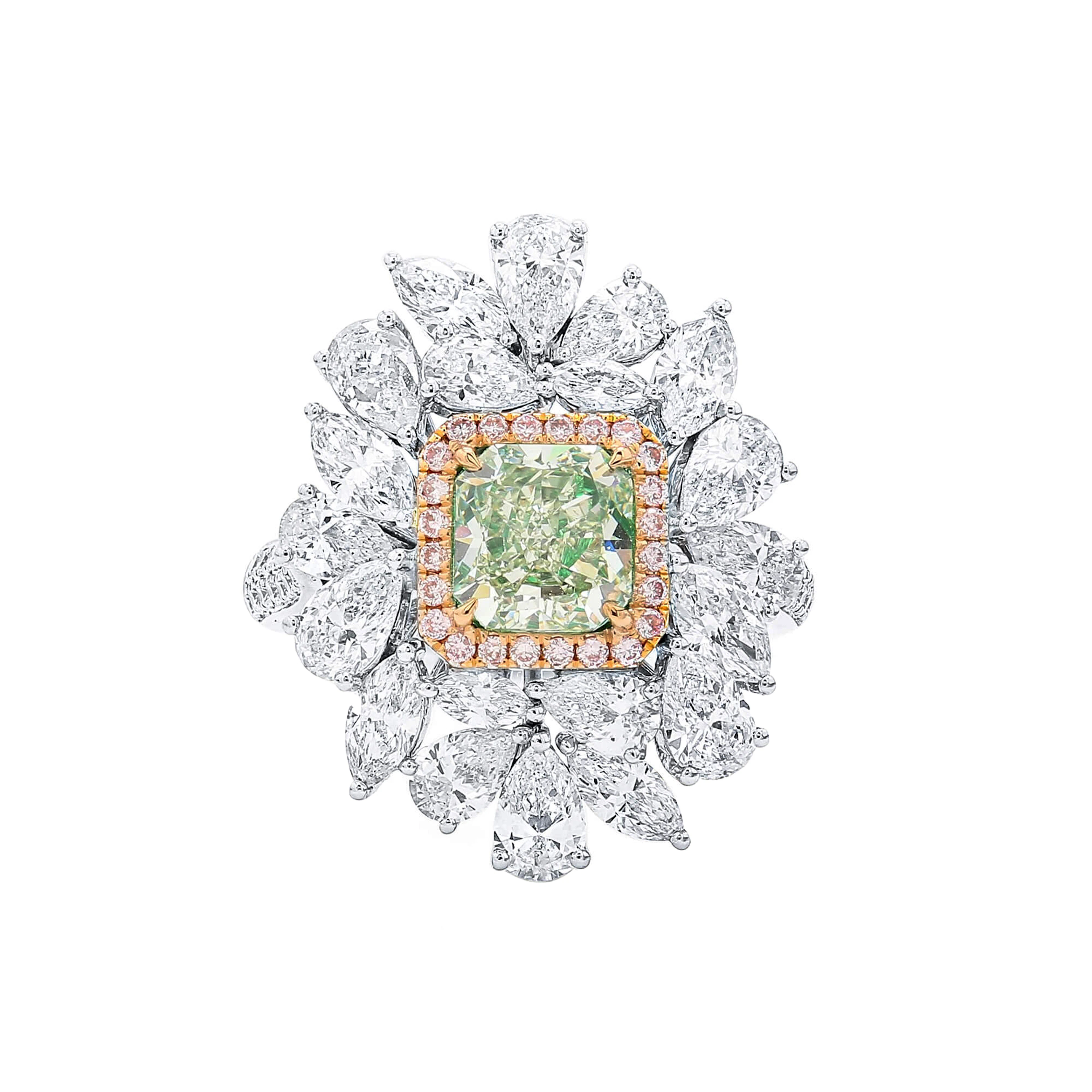 White Gold, 1.51ct Radiant Cut Fancy Yellow-Green Diamond, Pink Diamond
