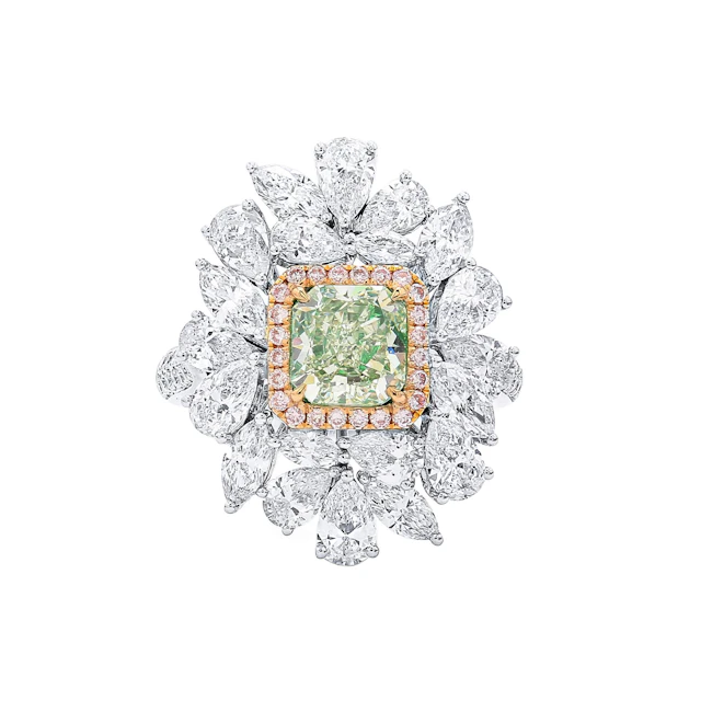 White Gold, 1.51ct Radiant Cut Fancy Yellow-Green Diamond, Pink Diamond