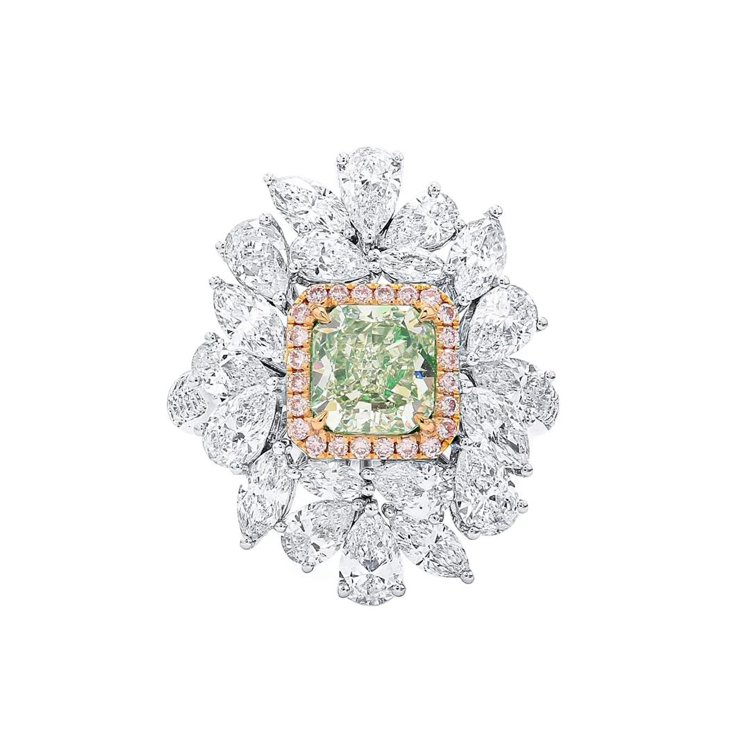 White Gold, 1.51ct Radiant Cut Fancy Yellow-Green Diamond, Pink Diamond