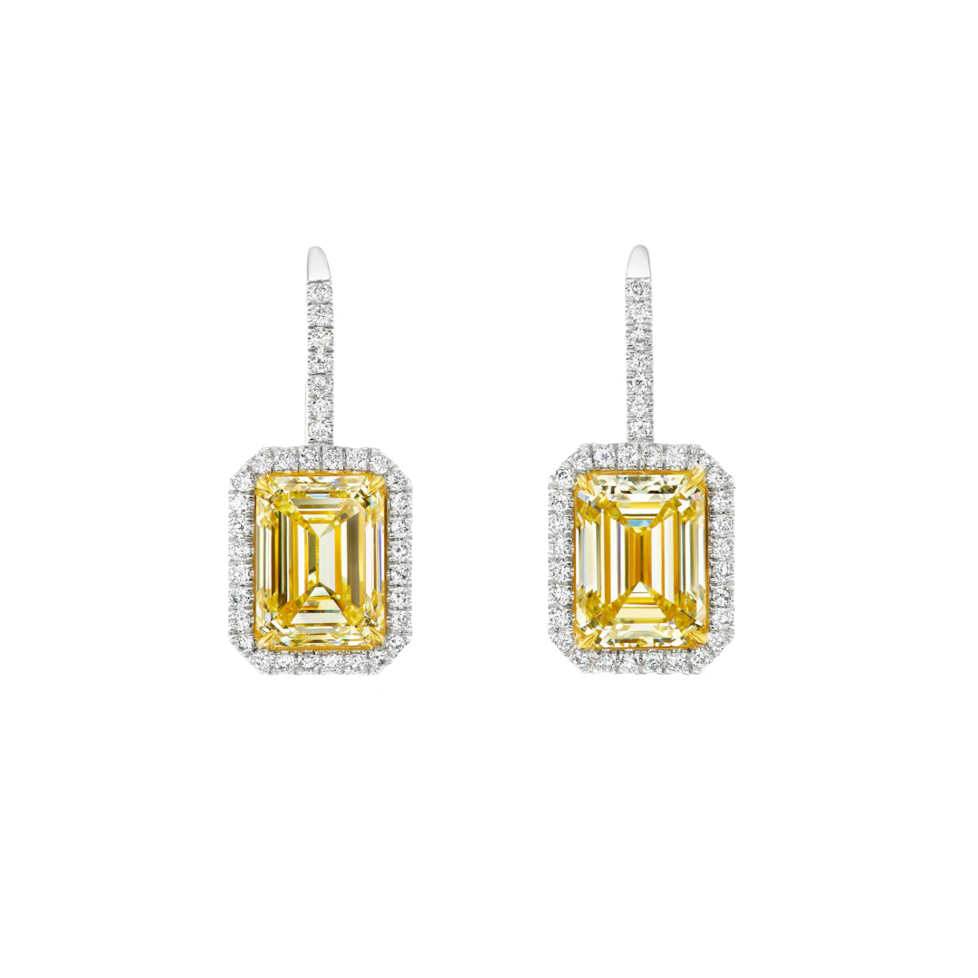 Platinum, Gold, 6.05ctw Emerald Cut Fancy Light Yellow and Diamond Earrings
