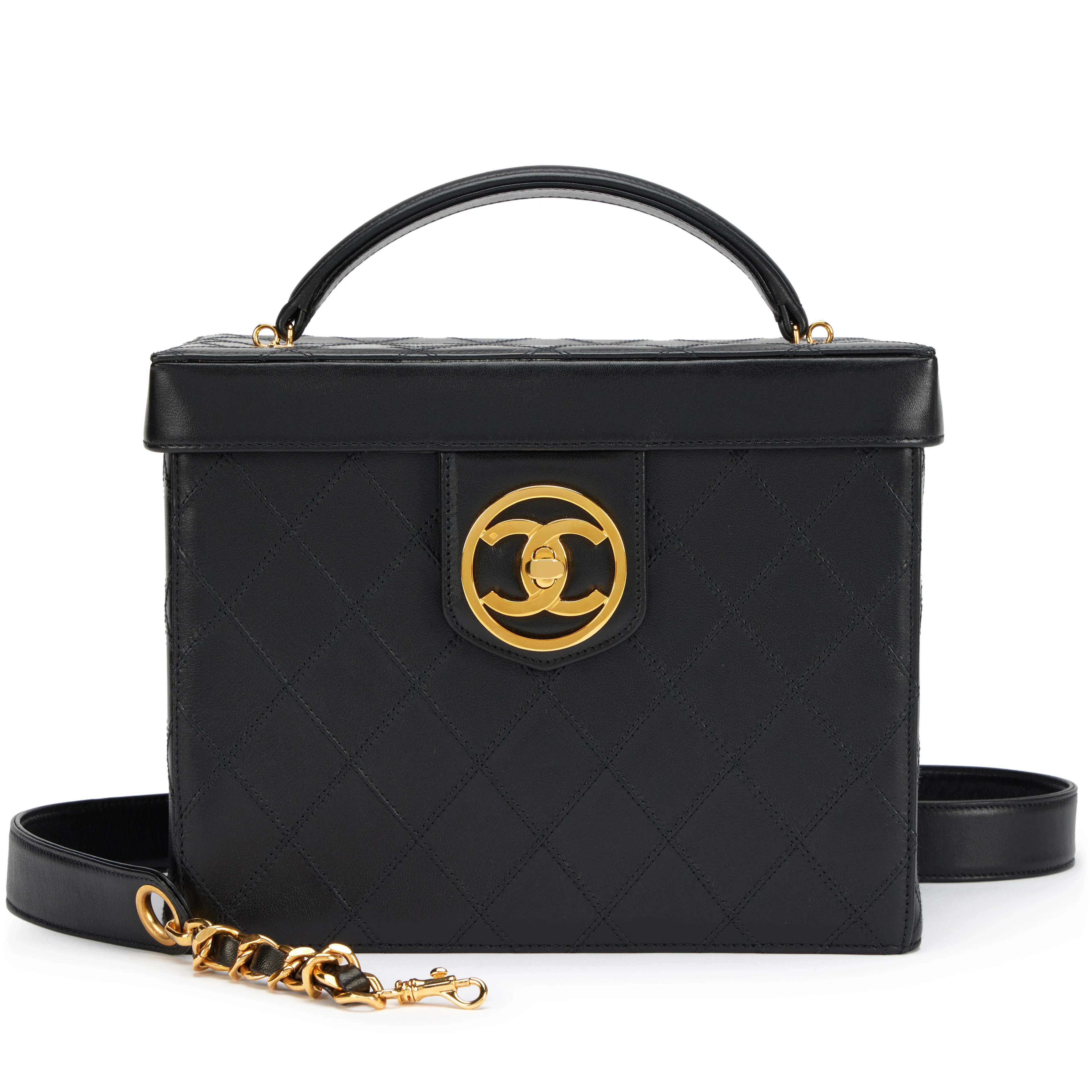 Black Quited Lambskin Large Circle CC Vanity Case Gold Hardware, 1994-1996