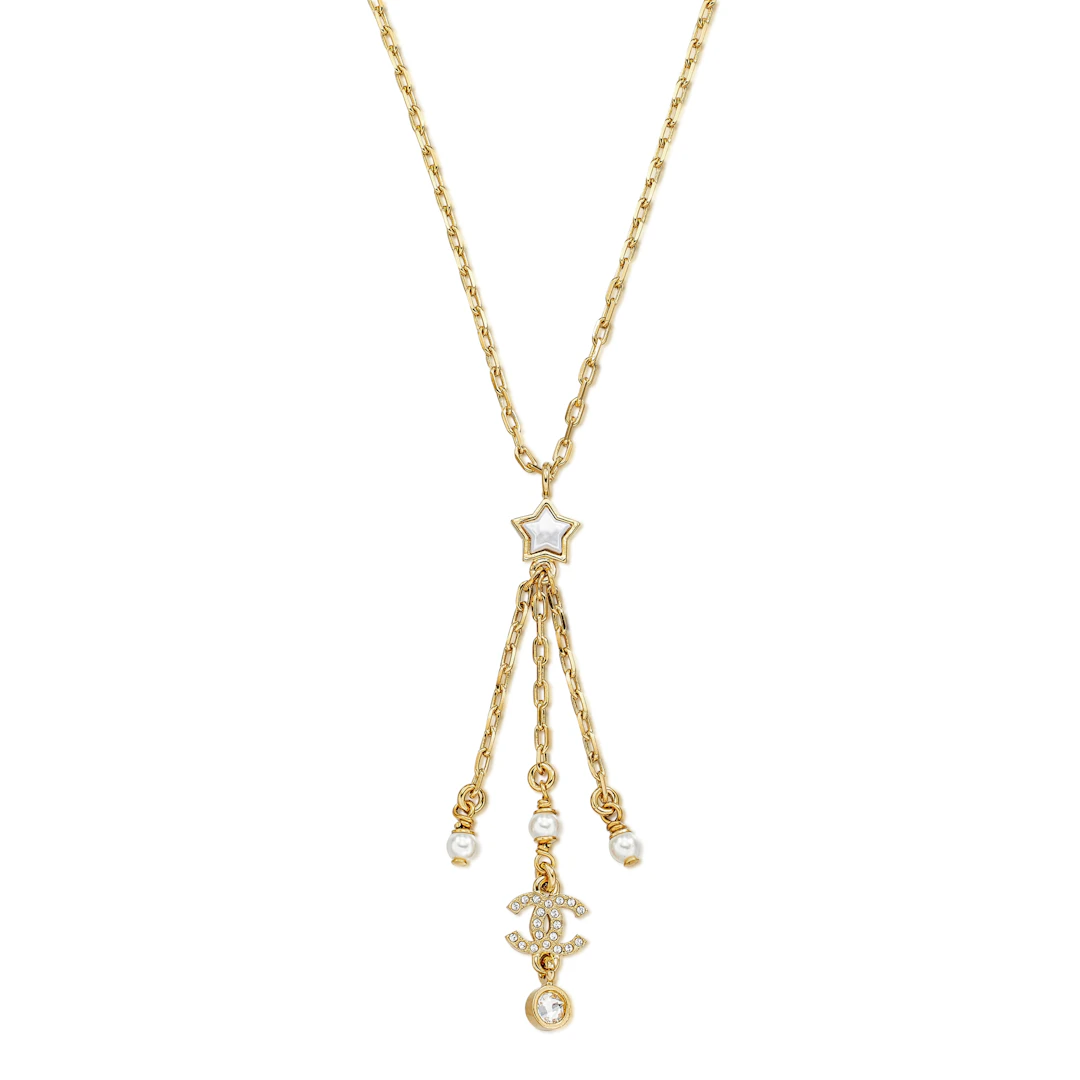 Imitation Pearl, Crystal and Gold Metal Star CC Necklace