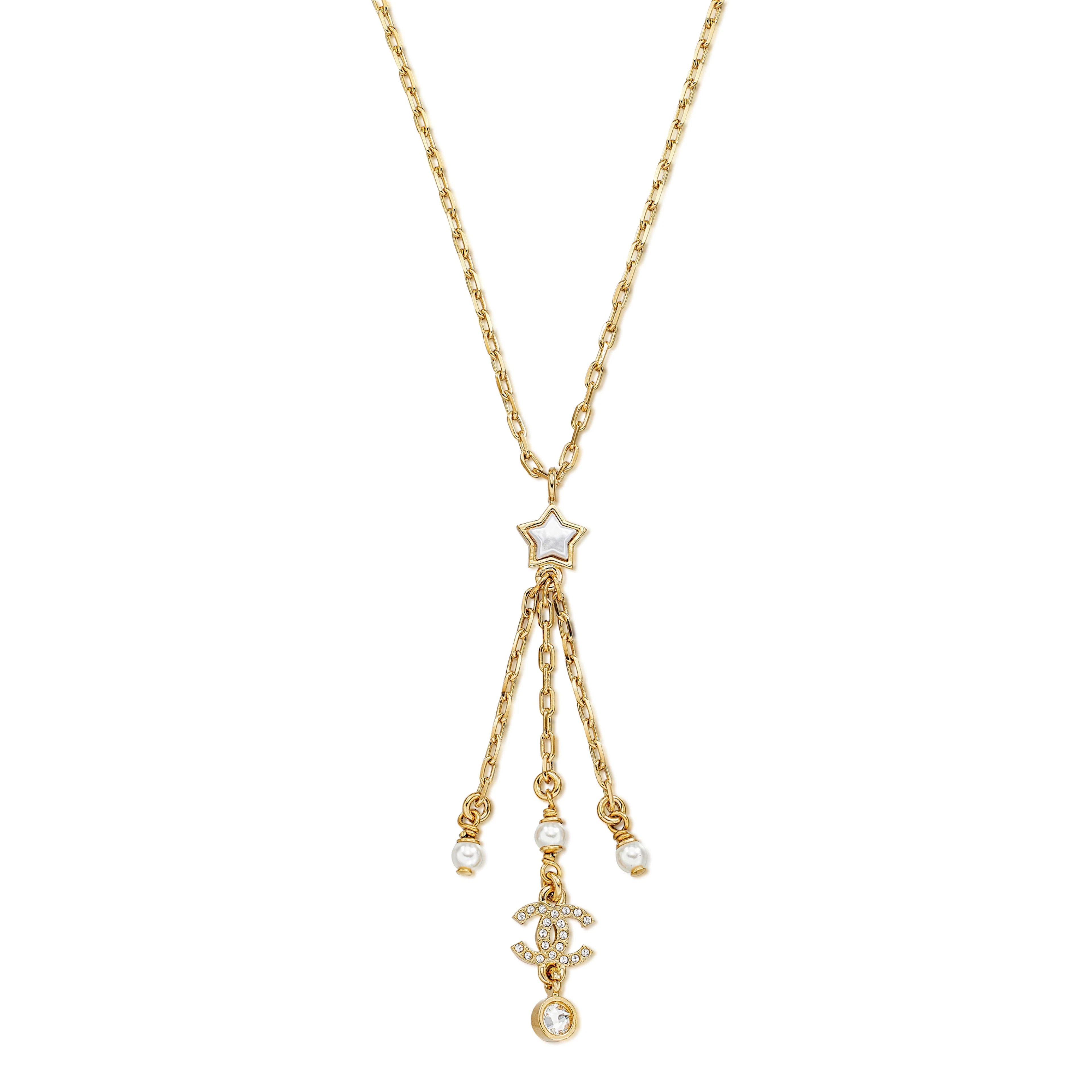 Imitation Pearl, Crystal and Gold Metal Star CC Necklace
