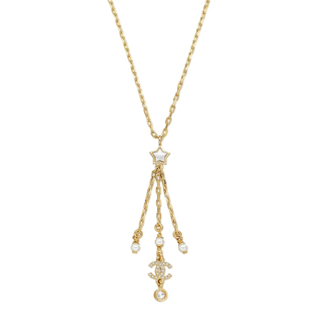 Imitation Pearl, Crystal and Gold Metal Star CC Necklace