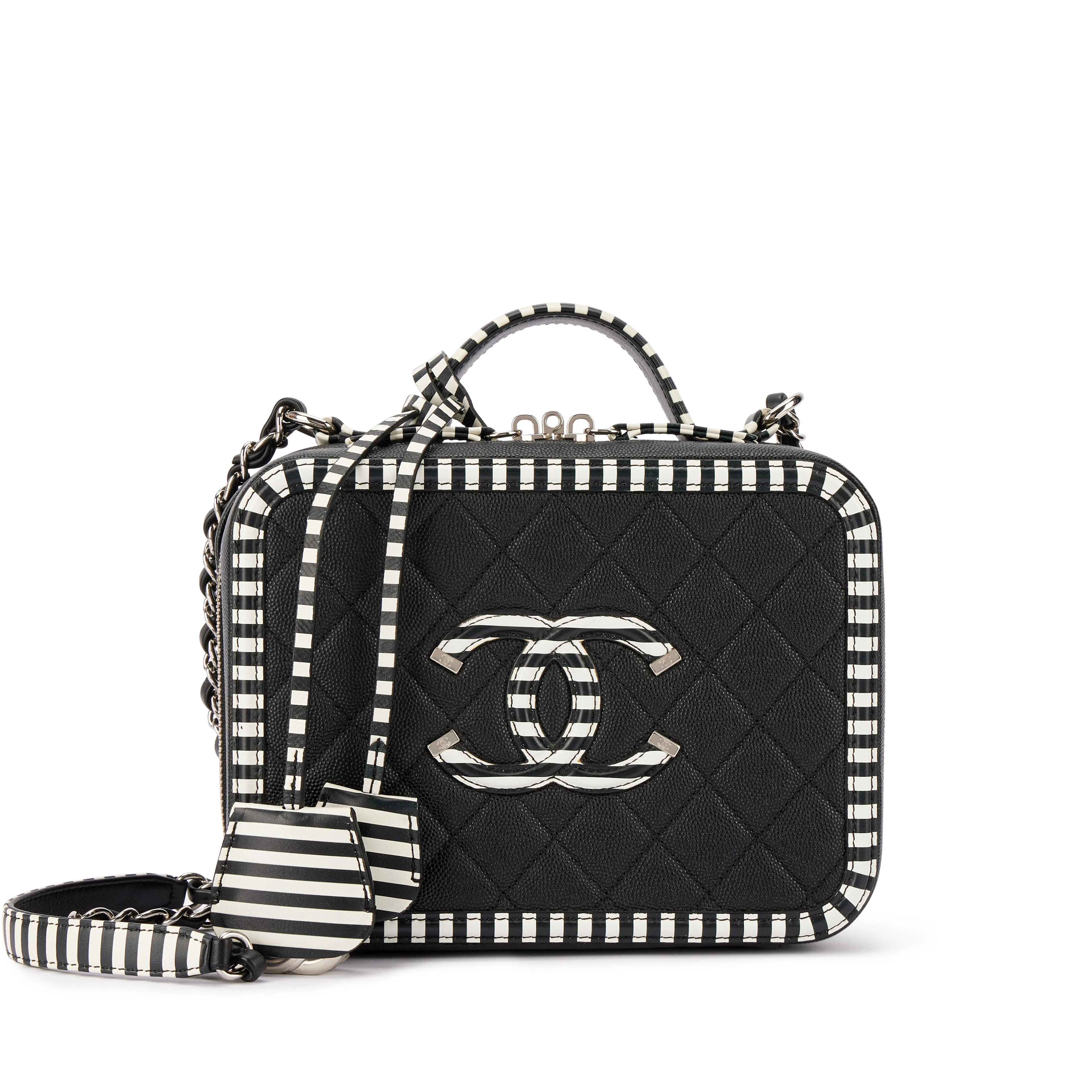 Black and White Quilted Caviar CC Filigree Vanity Case Silver Hardware, 2018-19