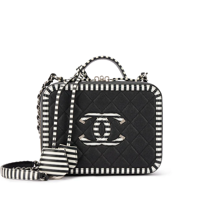 Black and White Quilted Caviar CC Filigree Vanity Case Silver Hardware, 2018-19