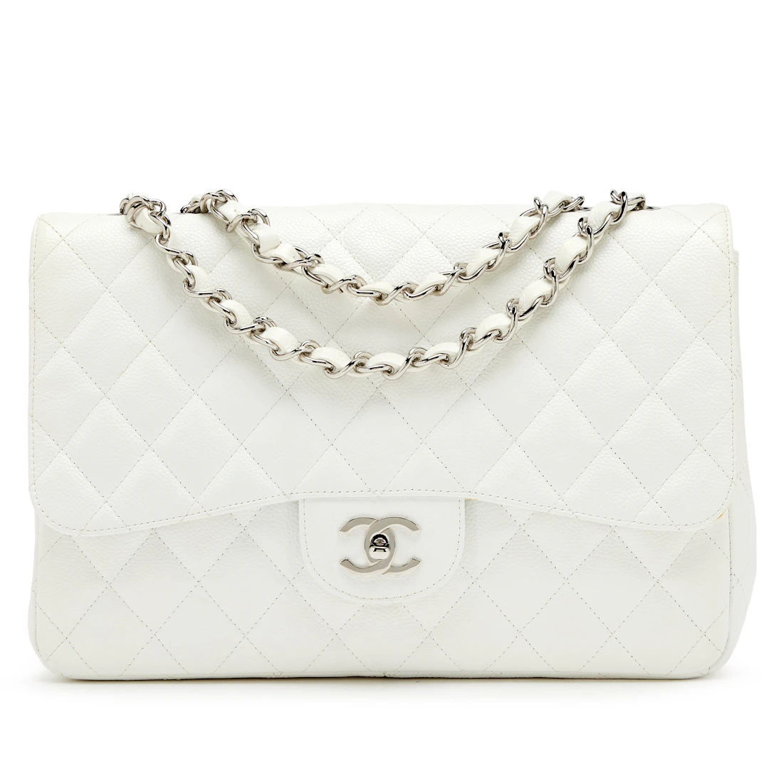 White Quilted Caviar Jumbo Classic Single Flap Bag Silver Hardware, 2006-2008