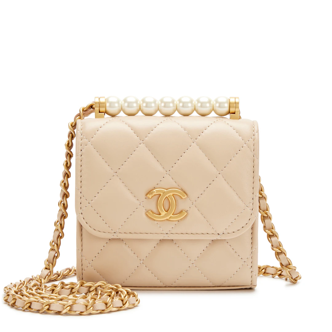 Beige Quilted Lambskin Chic Pearls Mini Clutch With Chain Bag Aged