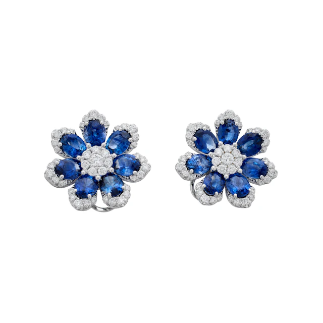 White Gold, Sapphire and Diamond Floral Earrings
