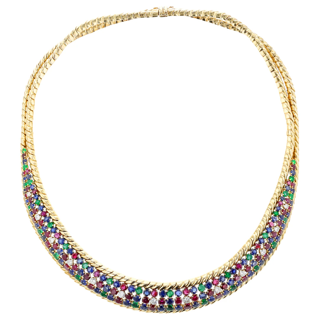 Vintage Gold, Ruby, Emerald, Sapphire and Diamond Necklace