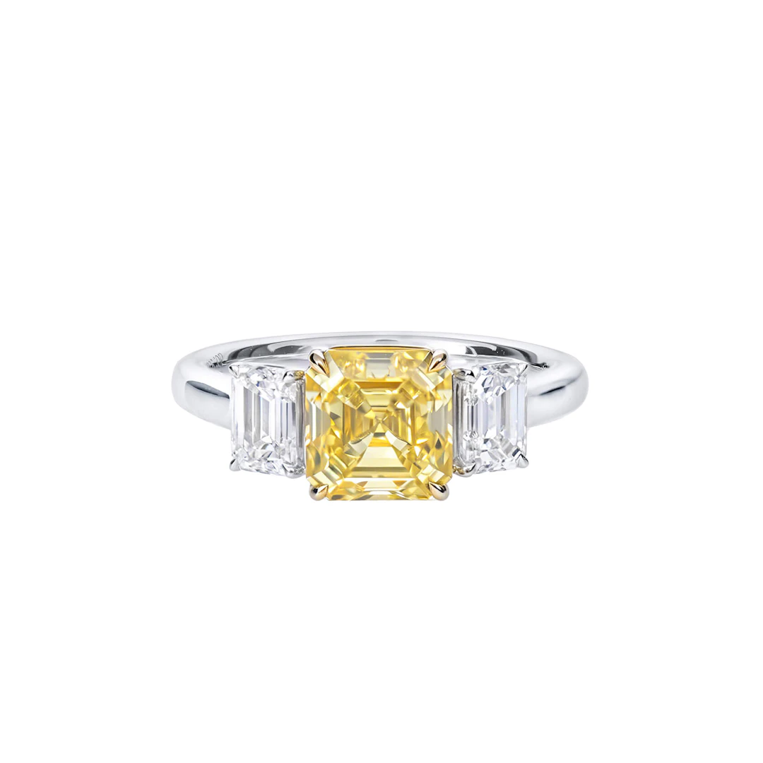 White Gold, 2.27ct Asscher Cut Fancy Yellow Diamond and Diamond Ring