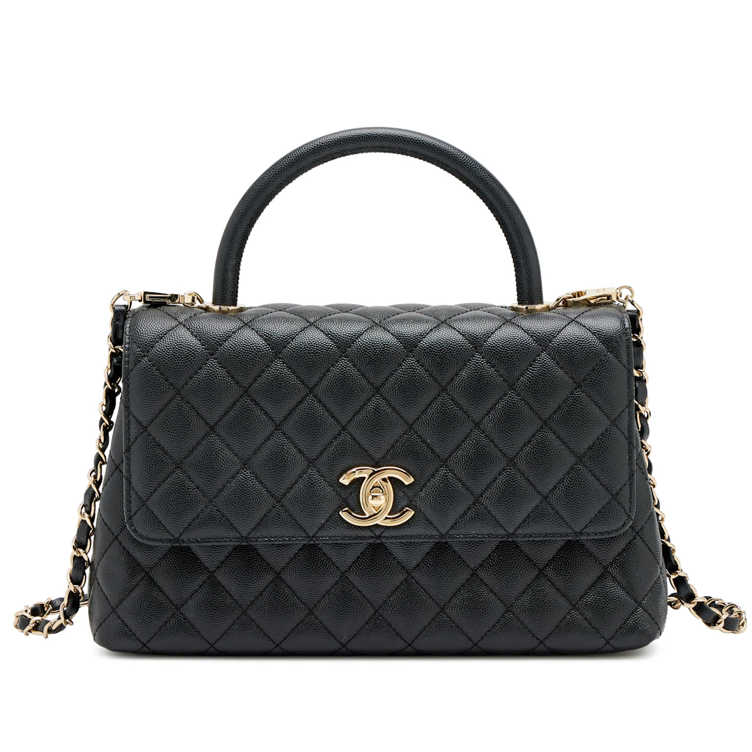 Black Quilted Caviar Medium Coco Top Handle Flap Bag Light Gold Hardware
