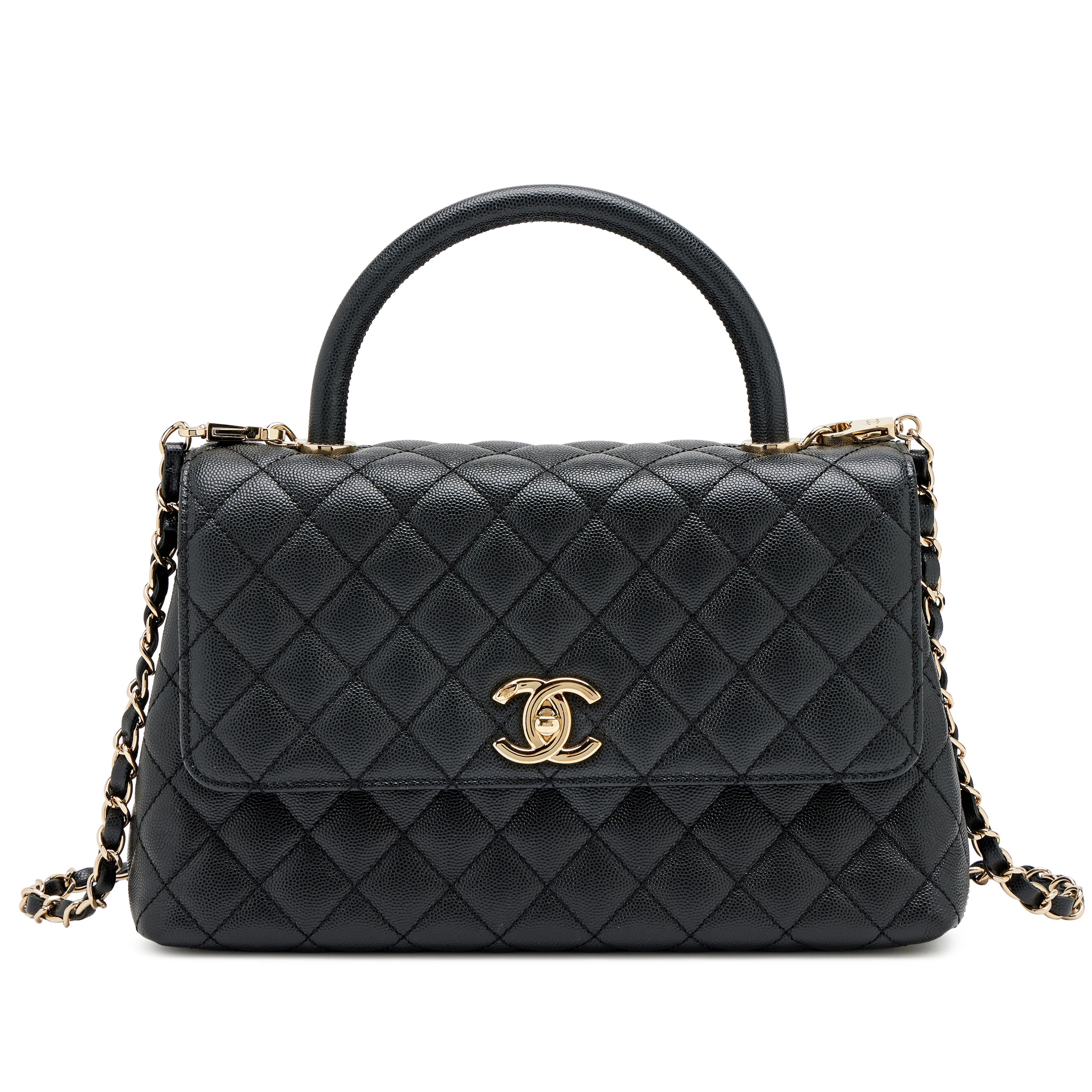 Black Quilted Caviar Medium Coco Top Handle Flap Bag Light Gold Hardware