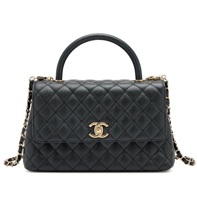 Black Quilted Caviar Medium Coco Top Handle Flap Bag Light Gold Hardware