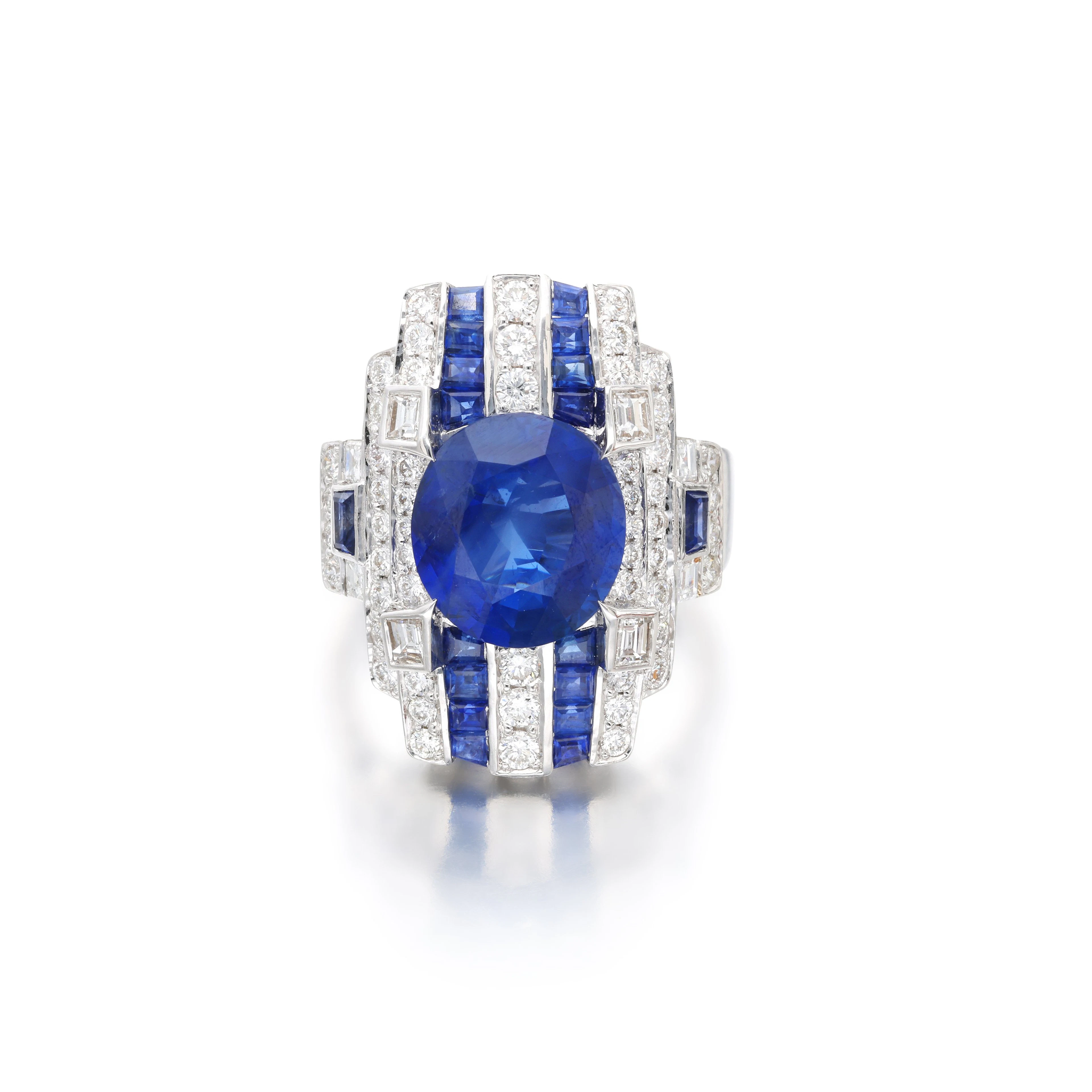 White Gold, 5.54ct Burmese Sapphire, Sapphire and Diamond Ring