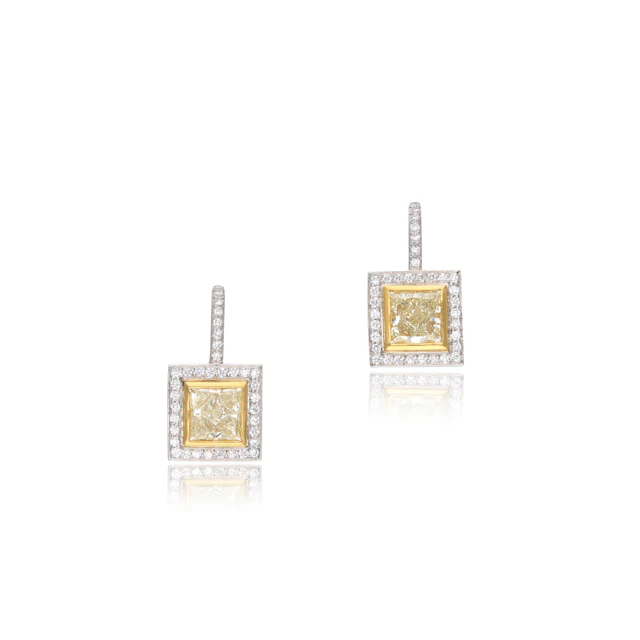 Platinum, Gold, 1.90ct Princess Cut Yellow Diamond and Diamond Earrings