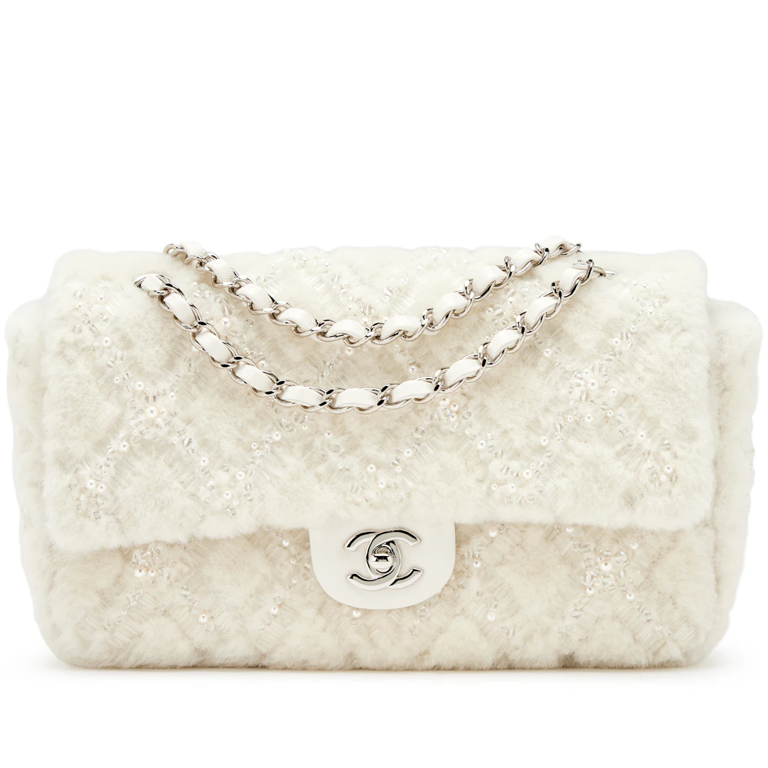 Cream White Quilted Imitation Pearl Embroidered Shearling and Lambskin
