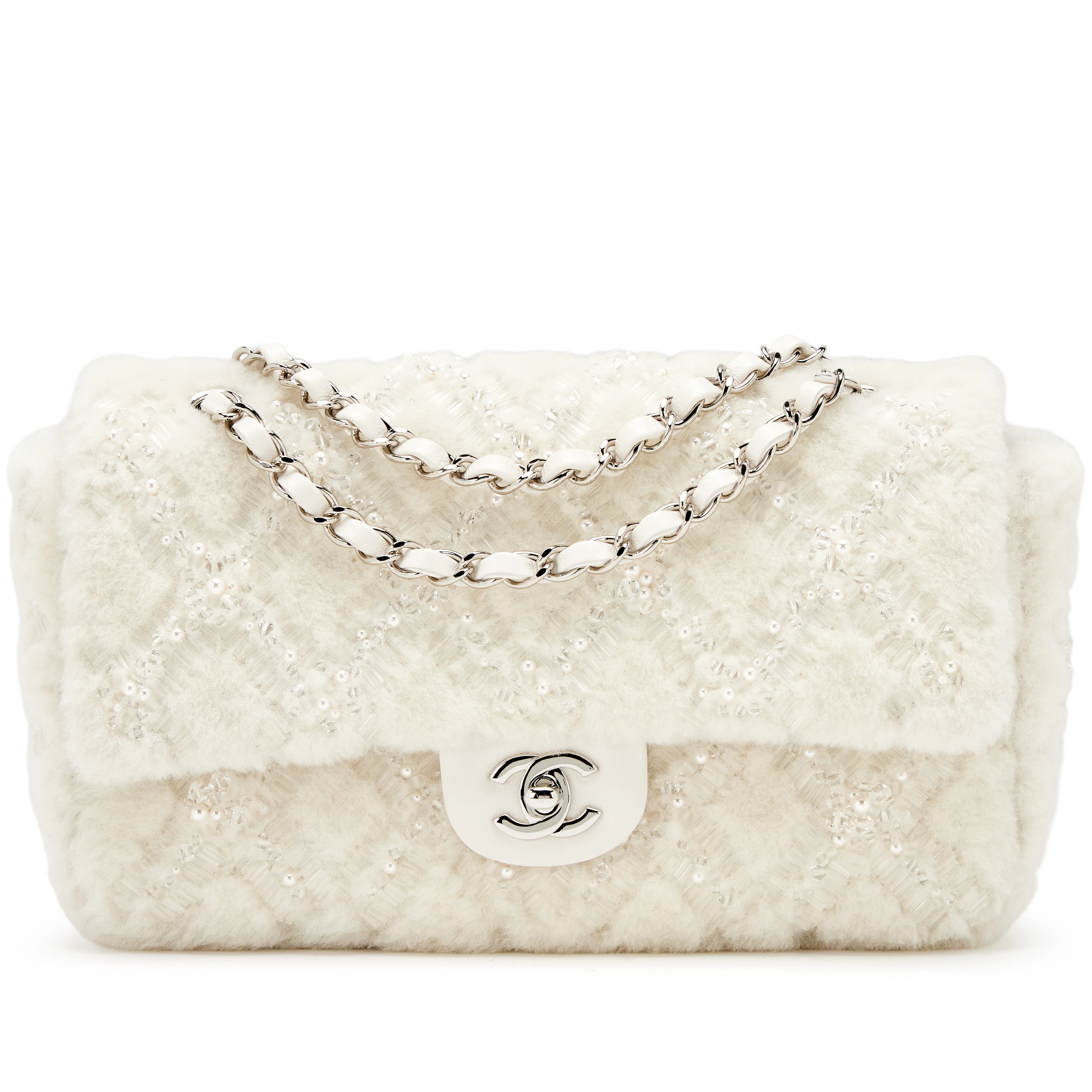Cream White Quilted Imitation Pearl Embroidered Shearling and Lambskin