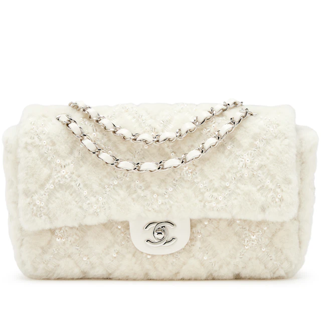 Cream White Quilted Imitation Pearl Embroidered Shearling and Lambskin