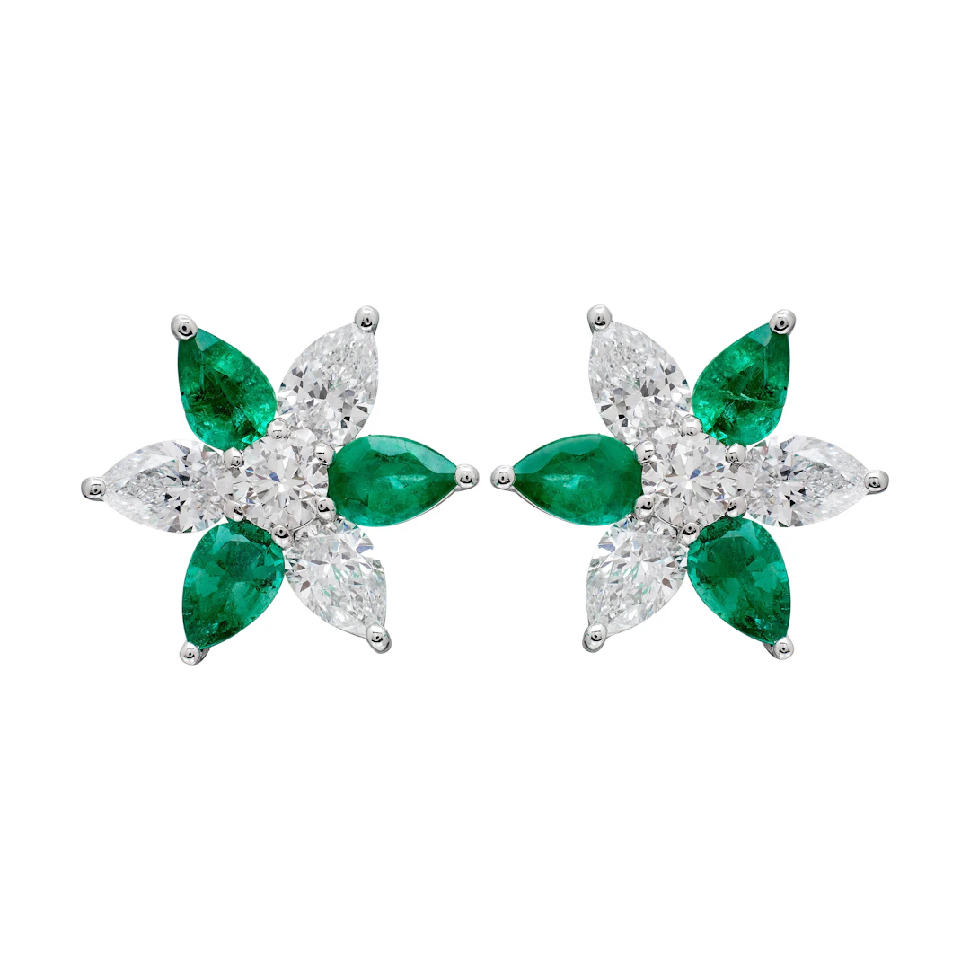 Platinum, Emerald and Diamond Stud Earrings