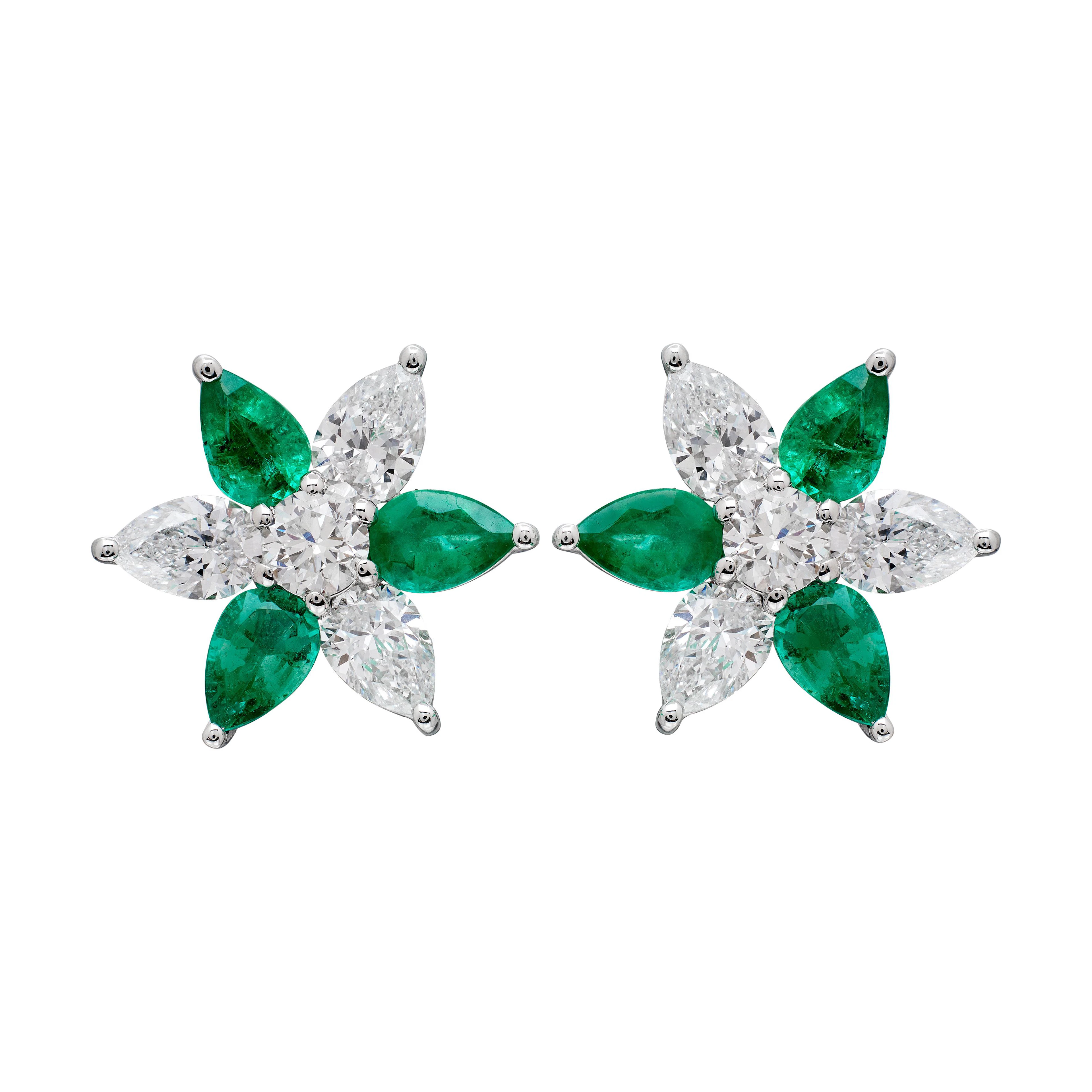 Platinum, Emerald and Diamond Stud Earrings