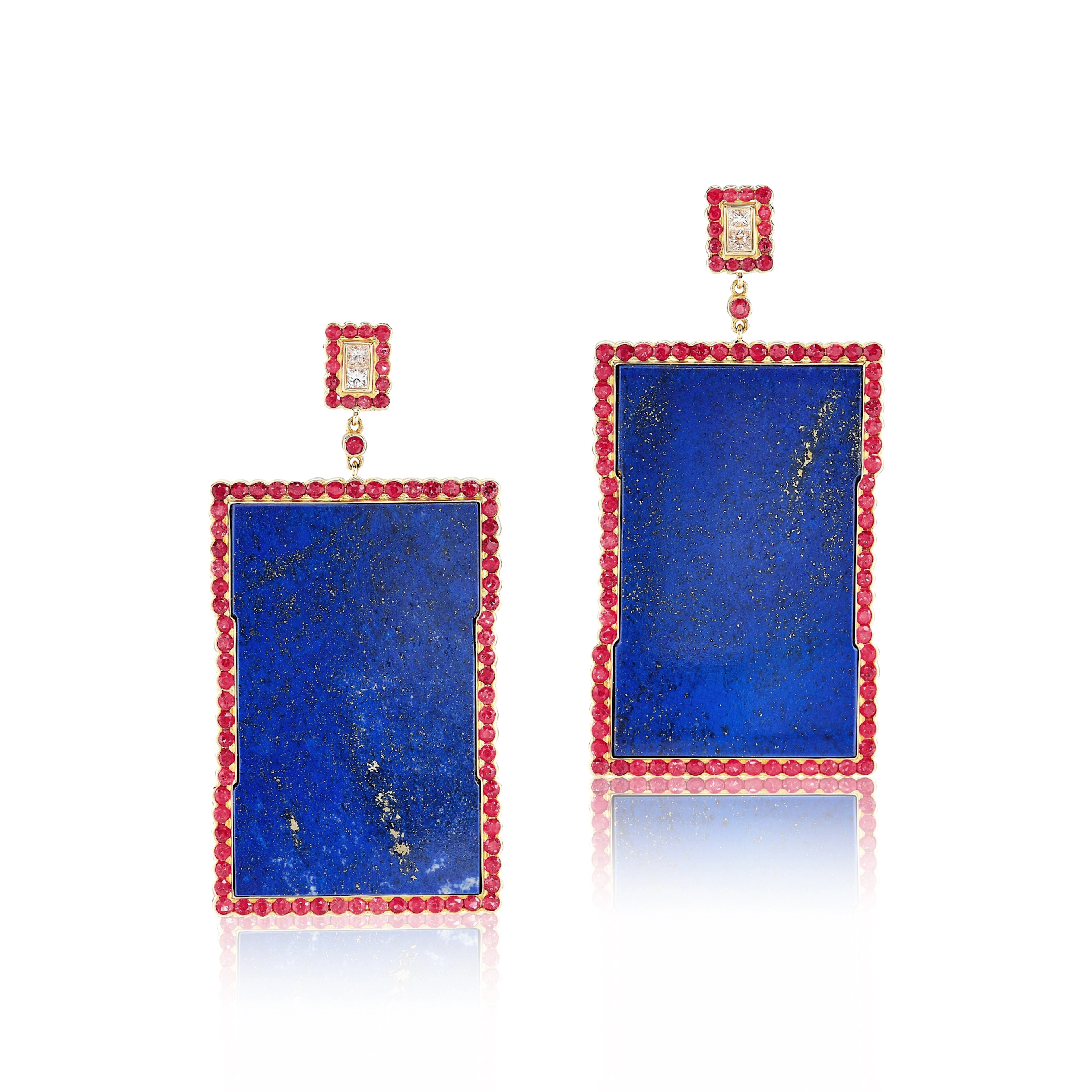 Gold, Lapis Lazuli, Ruby and Diamond Pendant Earrings
