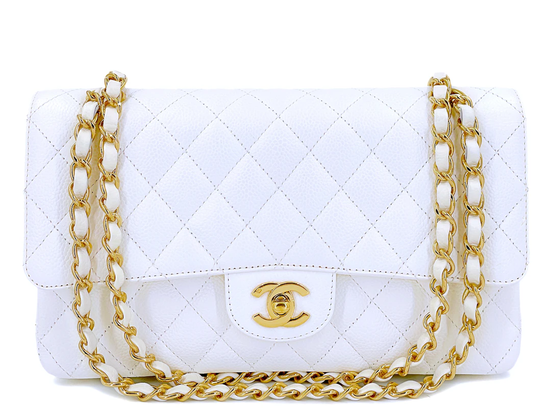 White Quilted Caviar Medium Classic Double Flap Bag Gold Hardware, 2005