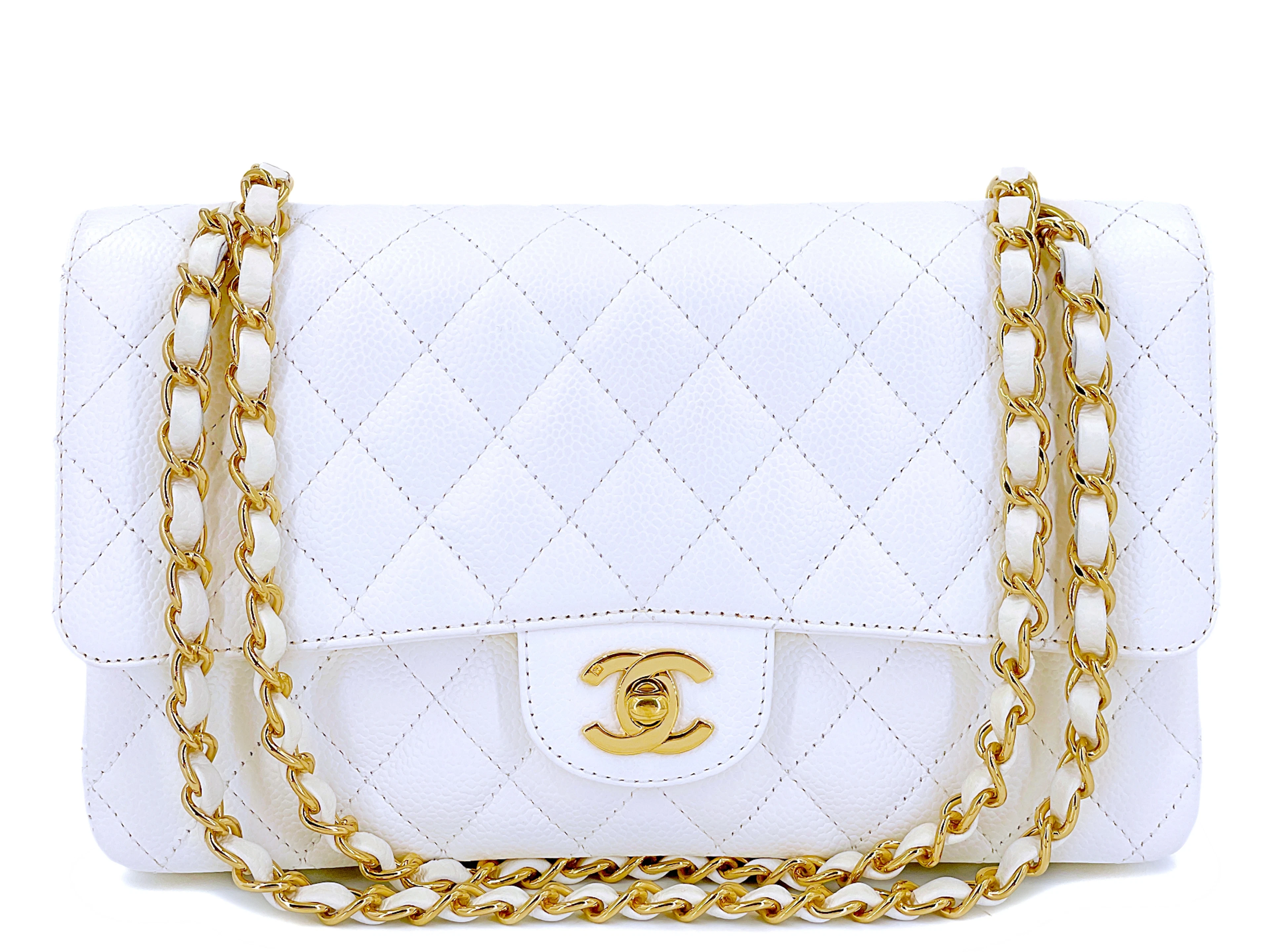 White Quilted Caviar Medium Classic Double Flap Bag Gold Hardware, 2005