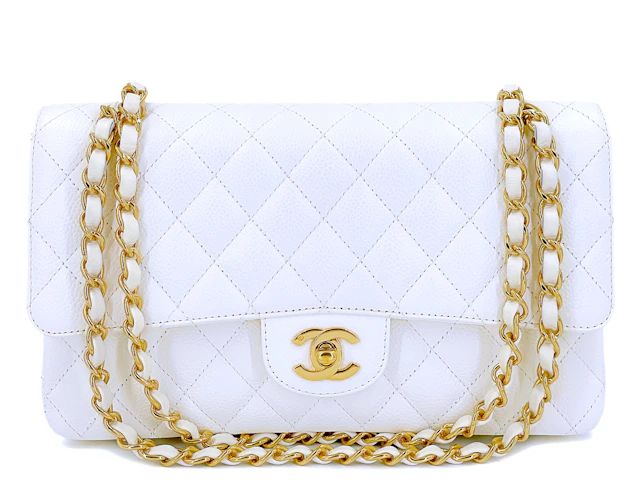 White Quilted Caviar Medium Classic Double Flap Bag Gold Hardware, 2005