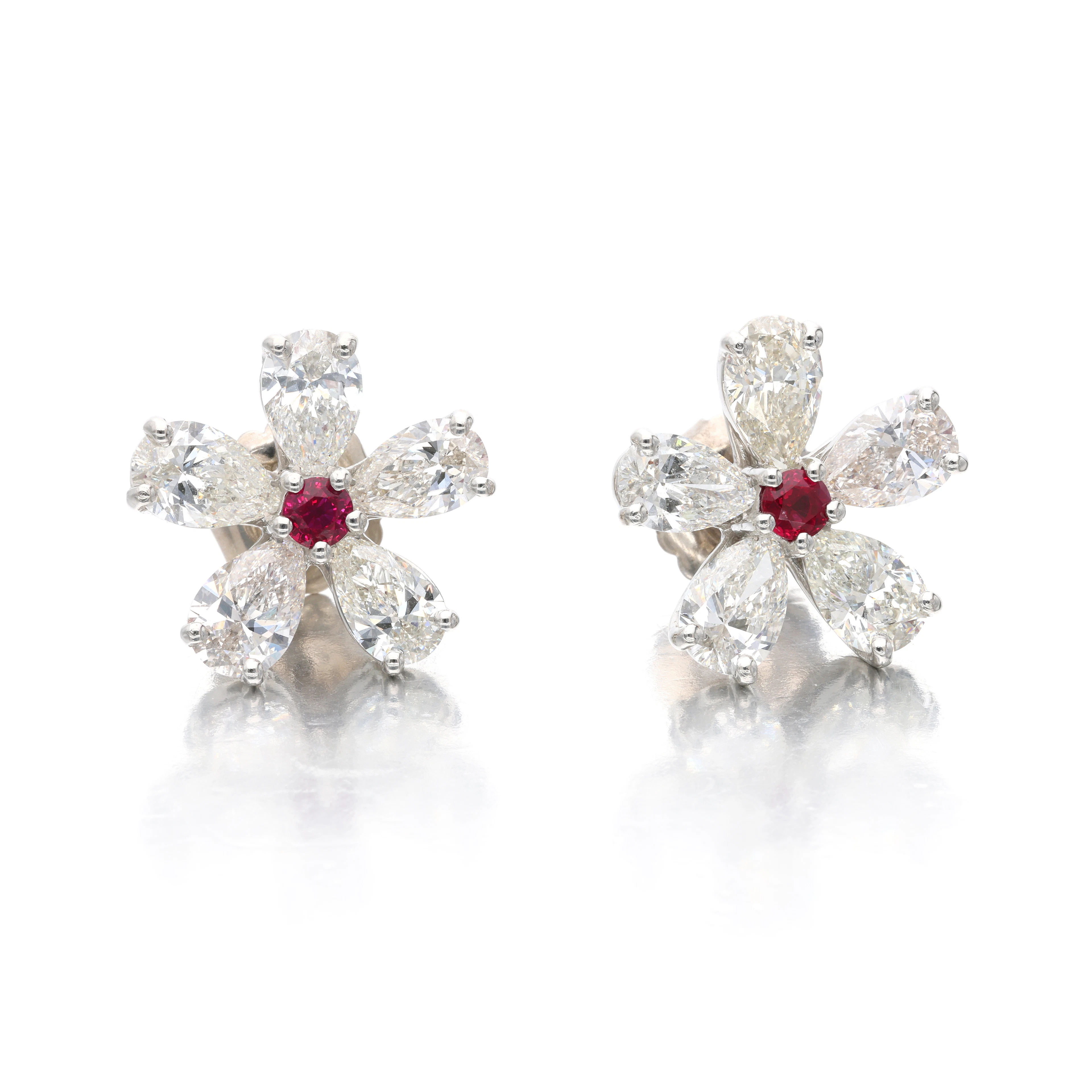 Platinum, Ruby and Diamond Flower Earrings
