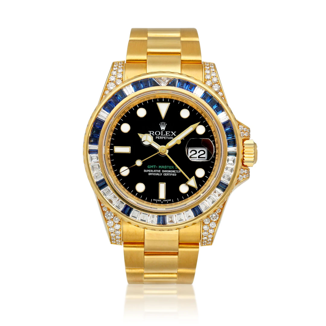 GMT-Master II (Reference 116758SA). A yellow gold, diamond and sapphire-set