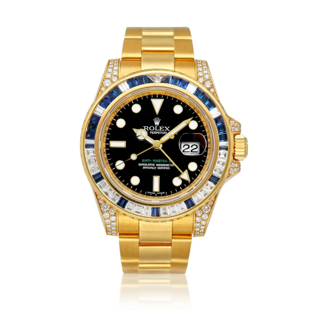 GMT-Master II (Reference 116758SA). A yellow gold, diamond and sapphire-set