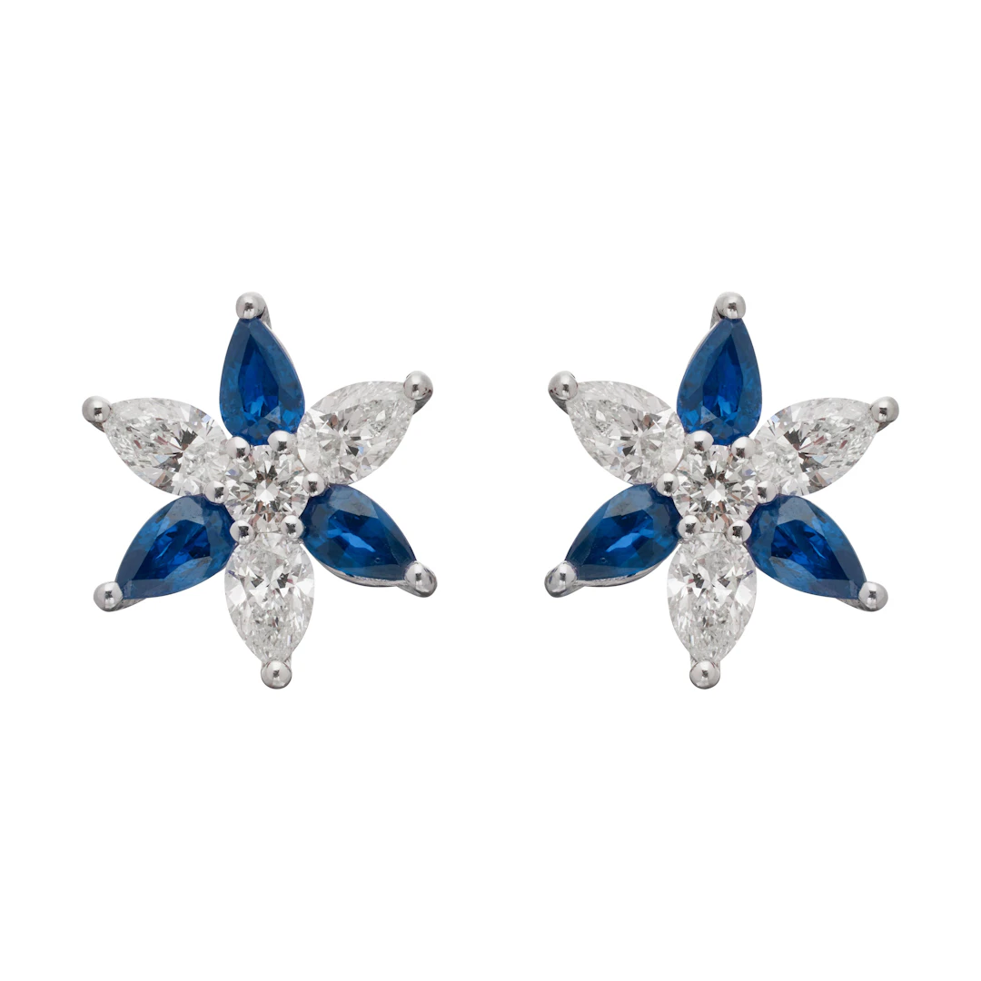 Platinum, Sapphire and Diamond Floral Stud Earrings